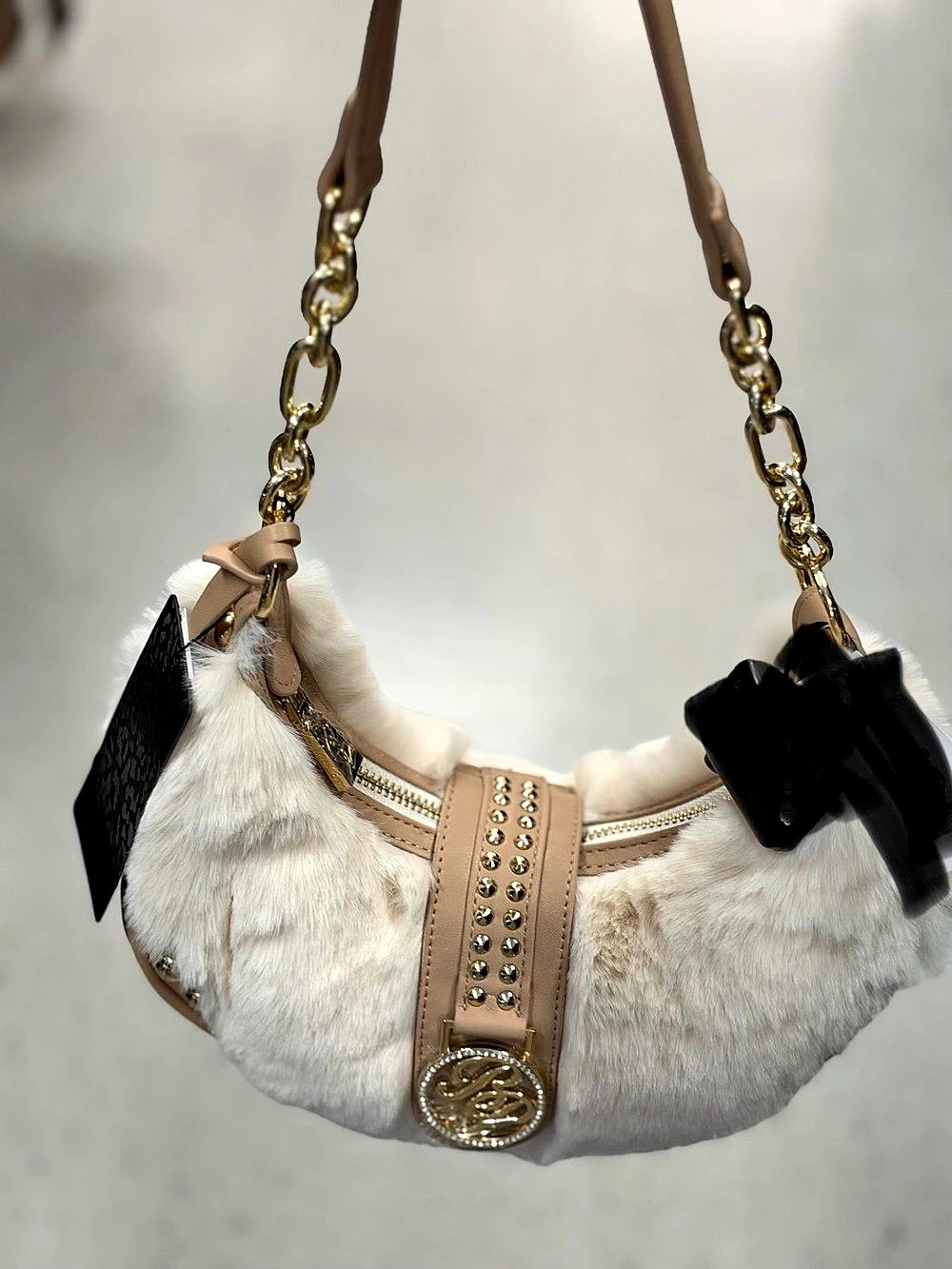 bebe Faux Fur Studded Shoulder Bag in White & Brown